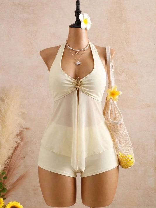 Metal Sun Halter Bikini Set — Mesh Tank Top & High Waist Bottoms | Women's Swimwear