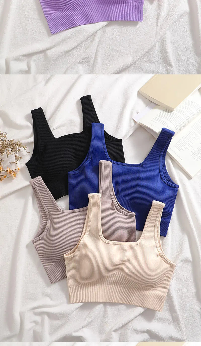 Women's Ribbed Yoga Tank Top – Padded Sports Bra | Square Neck Workout Vest