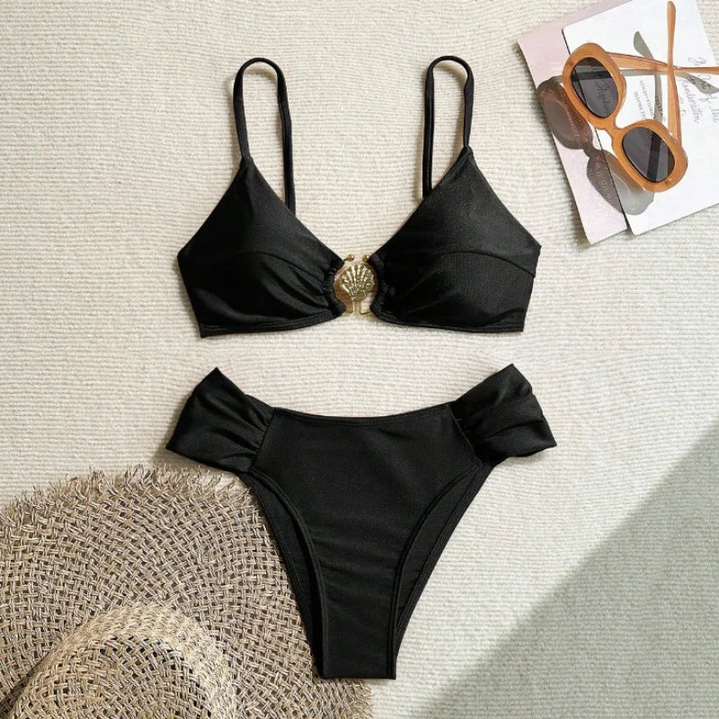 Pleated High-Waist Bikini Set — Metal Shell Buckle Push-Up | Women's Swimwear
