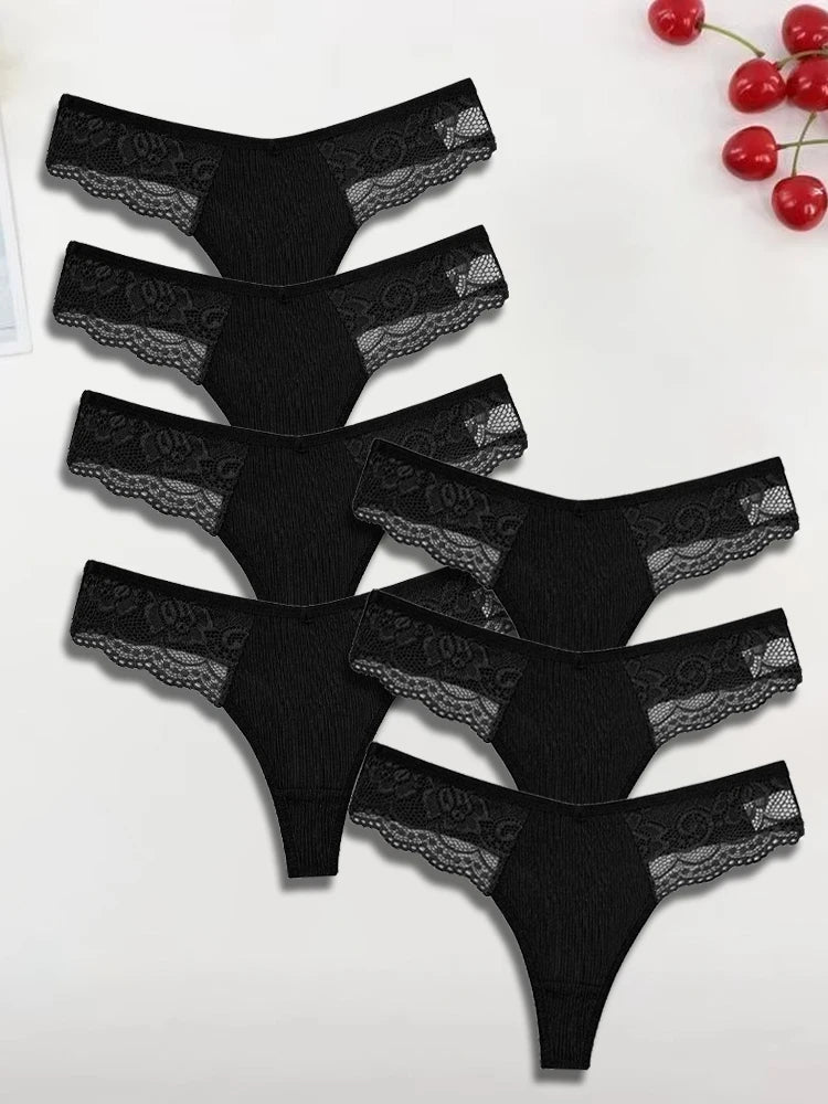 7-Pack Cotton Lace-Waist Thongs — Low-Rise Ribbed G-String Panties