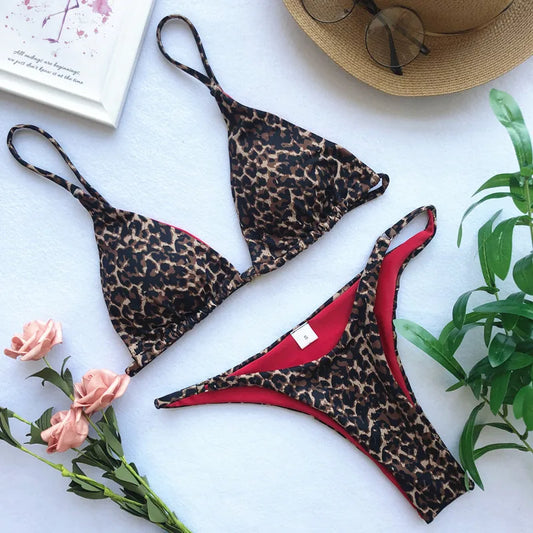 Micro Leopard Print Bikini Set — High Cut Bandage Thong | Women's Swimwear