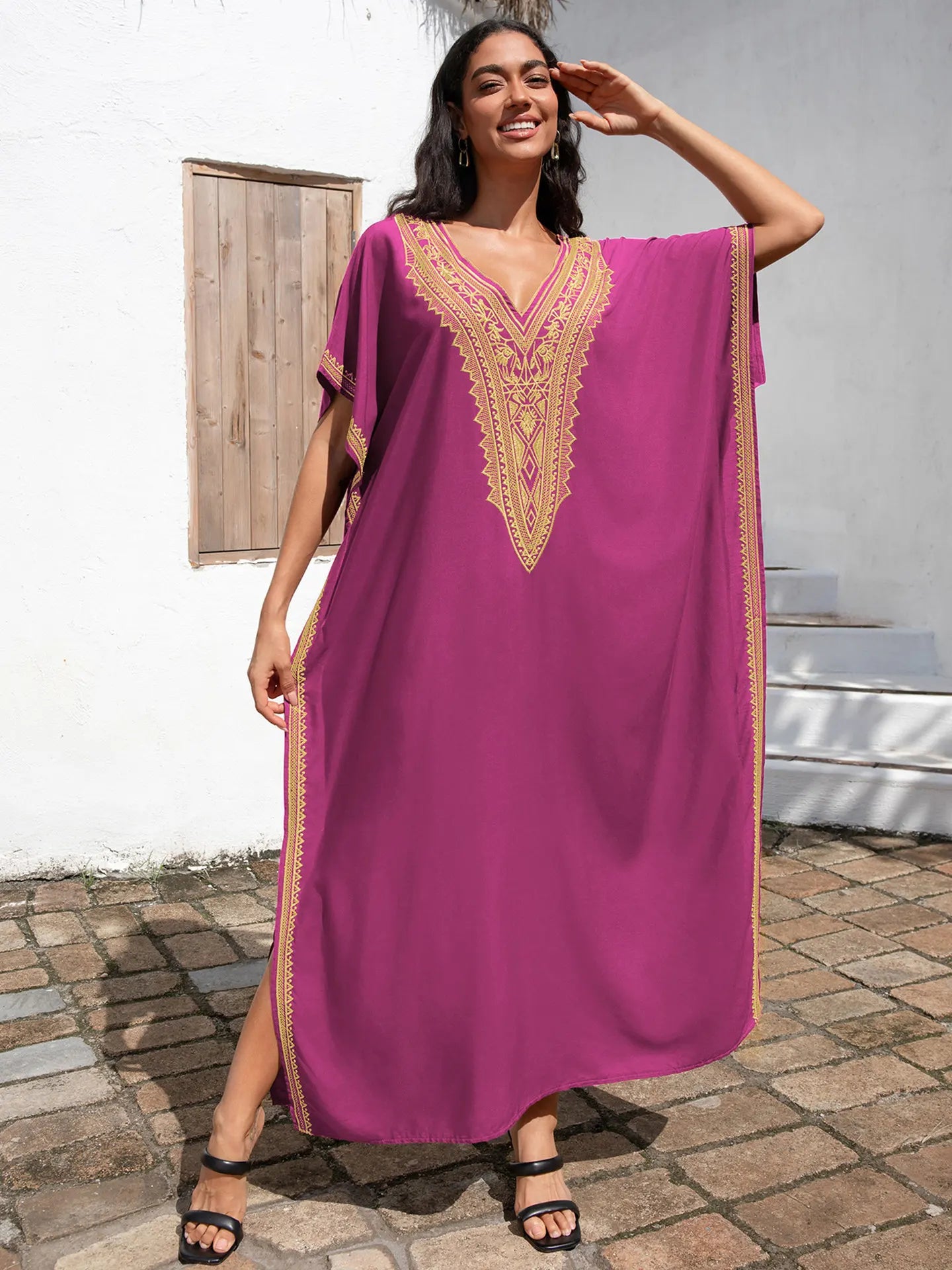 Embroidery Beach Cover-Up Kaftan — Loose V-Neck Long Robe | Women's Swimsuit Cover-Up