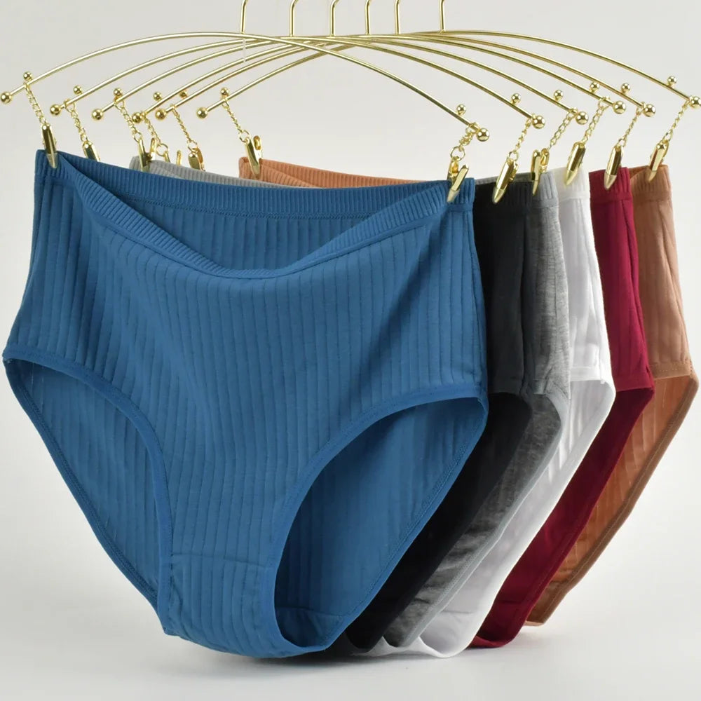 Women's Plus Size Vertical Stripe High-Waist Cotton Briefs | Breathable Soft Underwear (S–2XL)