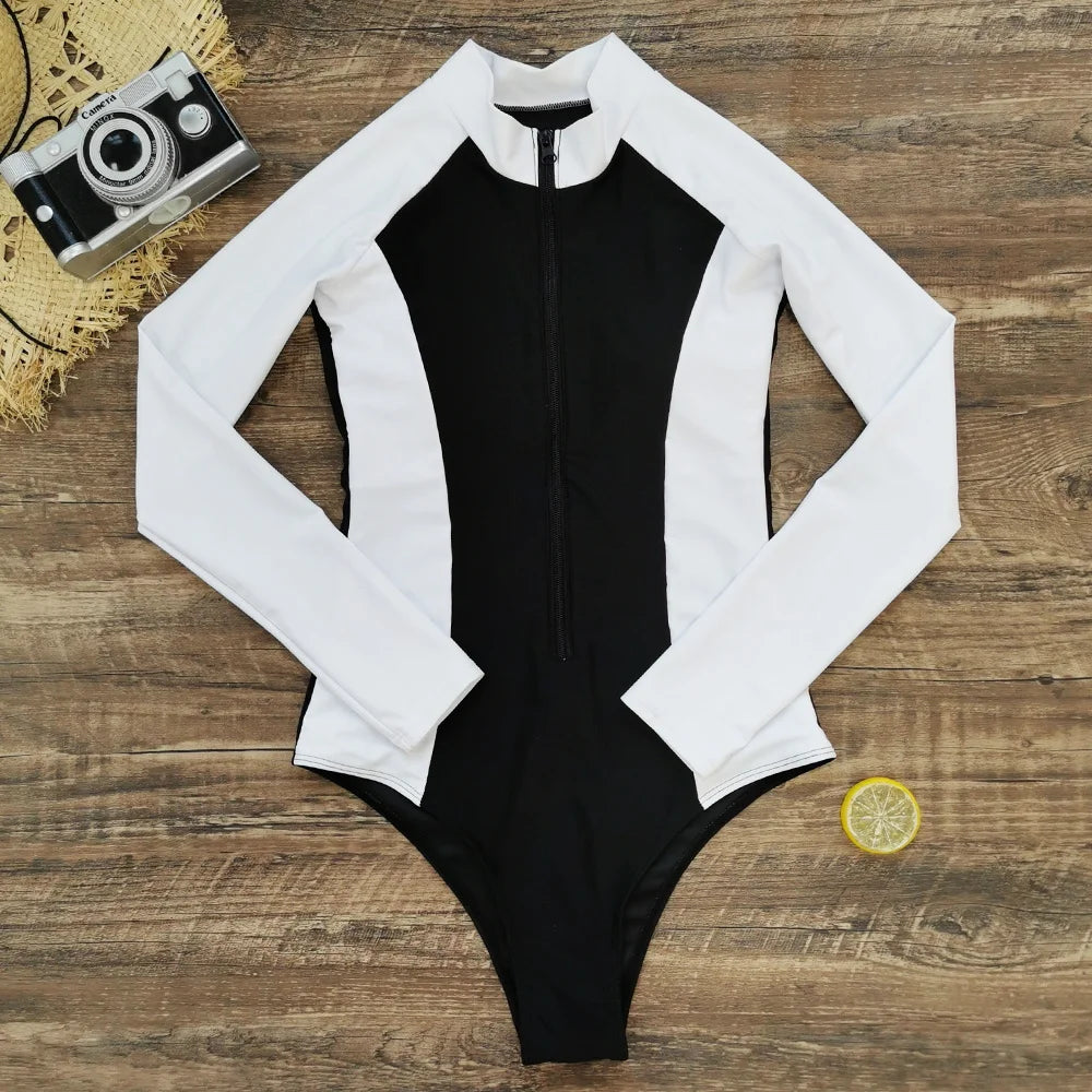 Color Block Surfing One-Piece Swimsuit — Long Sleeve Zipper | Women's Sport Swimwear