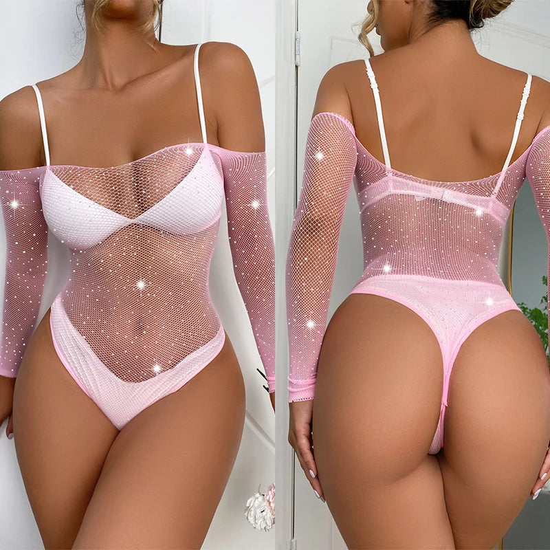Rhinestone Fishnet Bodysuit — Sparkle Mesh Long Sleeve Teddy | Women's Lingerie