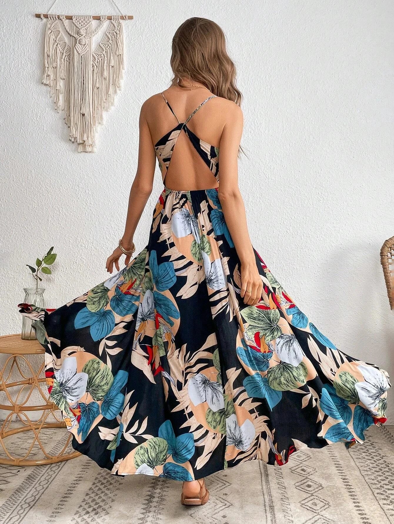 Tropical Print Thigh-High Slit Backless Spaghetti Strap Dress 1056