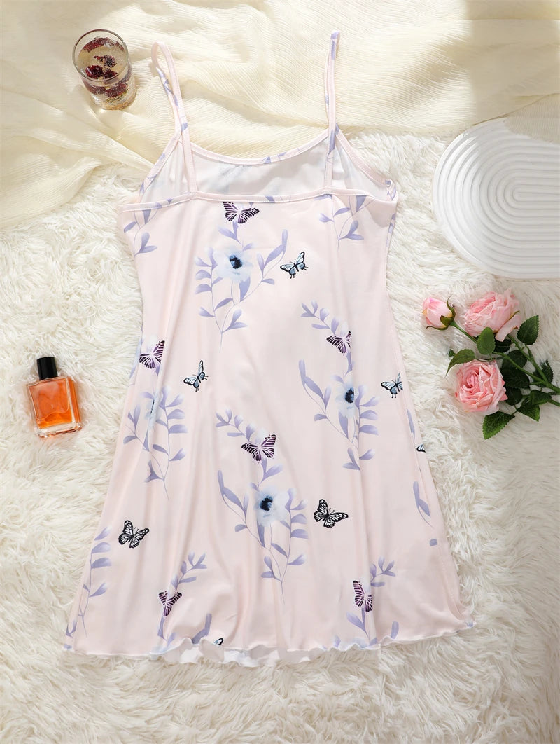 Butterfly Print Satin Sleep Dress — Spaghetti Strap Mini Nightgown