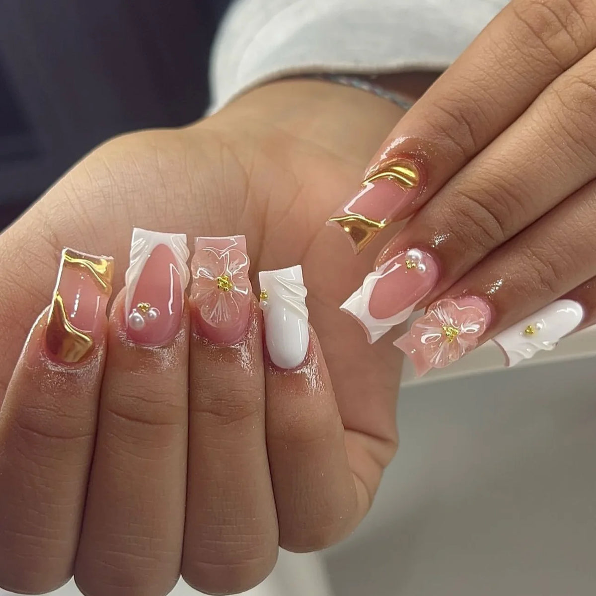 Black French Press-On Nails – Leopard, Lace & Gold Butterfly Designs, 24 Pieces