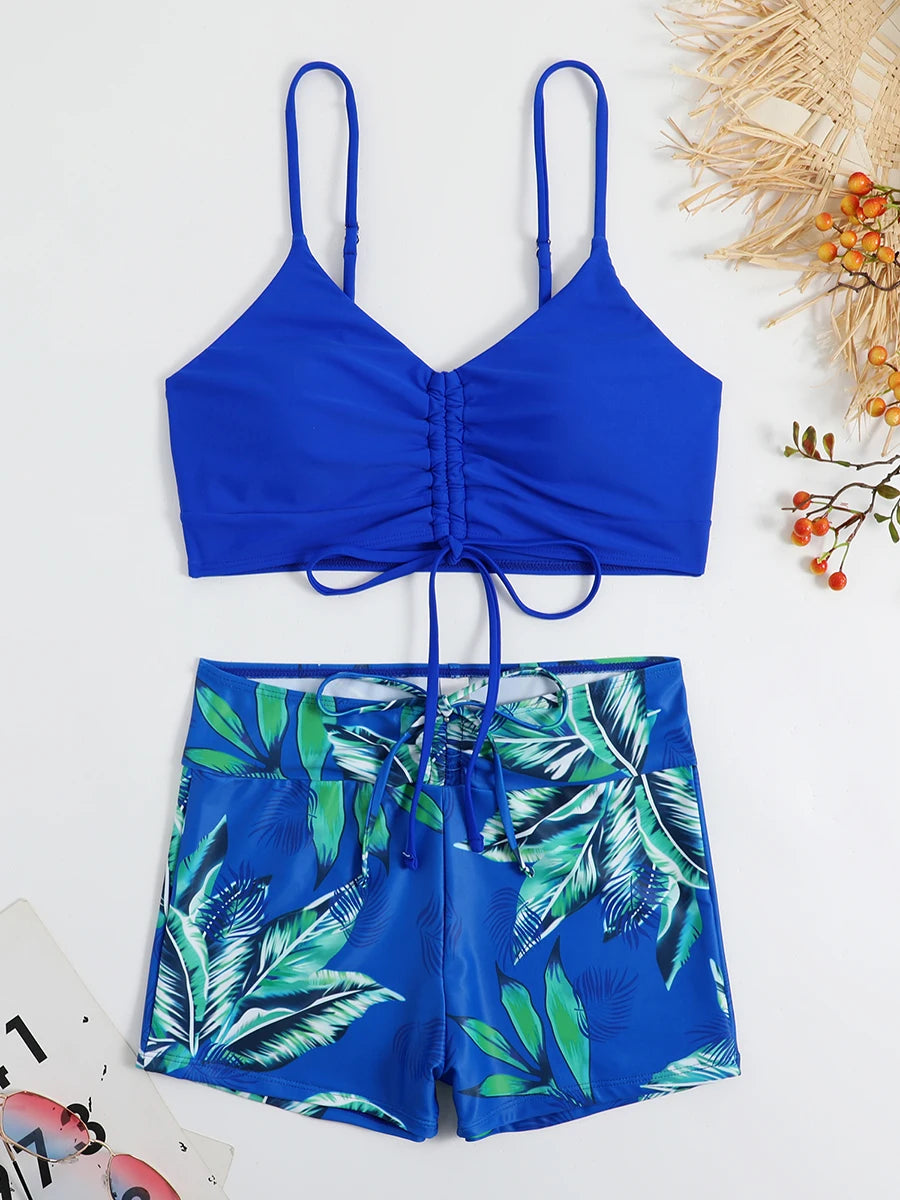High Waist Shorts Bikini Set — Drawstring Top & Swim Shorts | Women's Swimwear