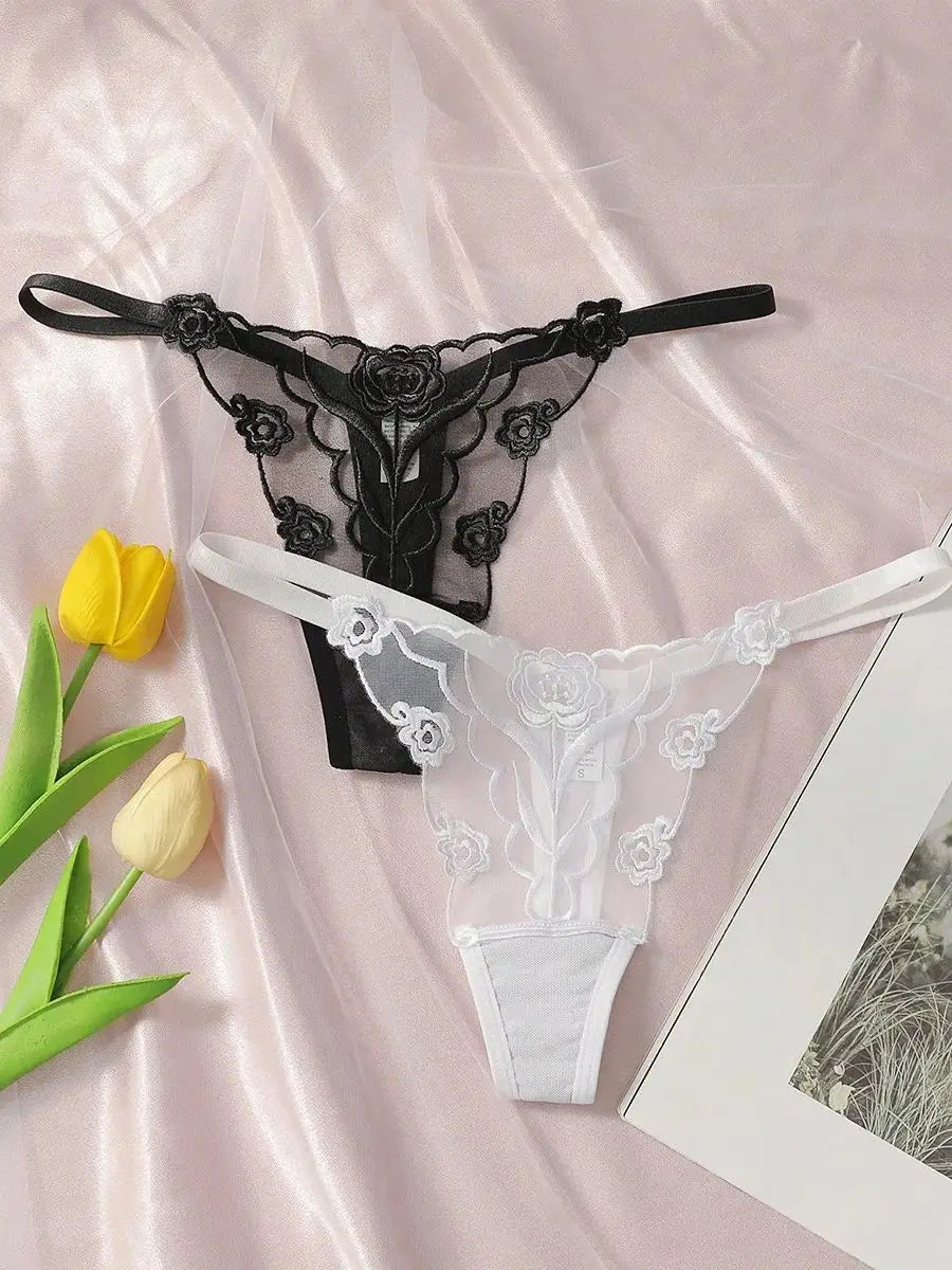 2-Pack Embroidered Rose Thong Set — Sheer Mesh G-String | Women's Sexy Lingerie