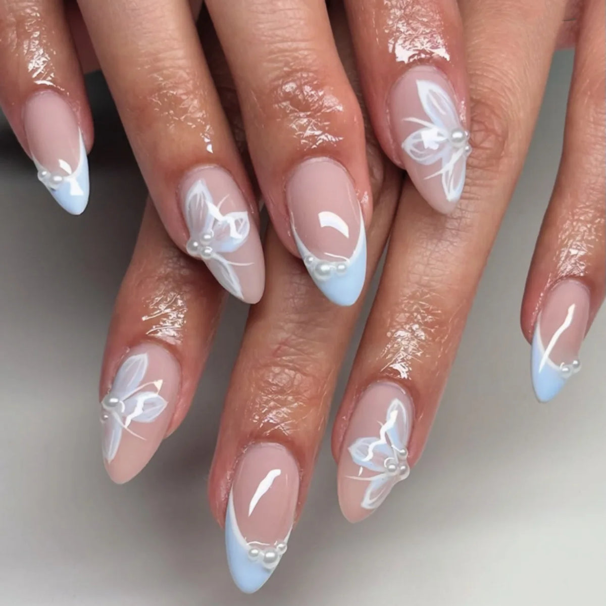Almond Press-On Nails - 3D Floral, Butterfly & French Tip, 24 Pieces