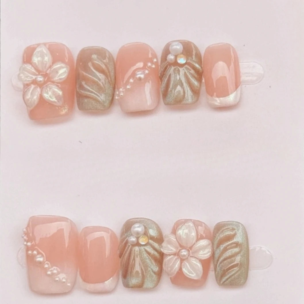 Handmade Short Square Press-On Nails - Floral & Cat Eye, 10-Piece Kit