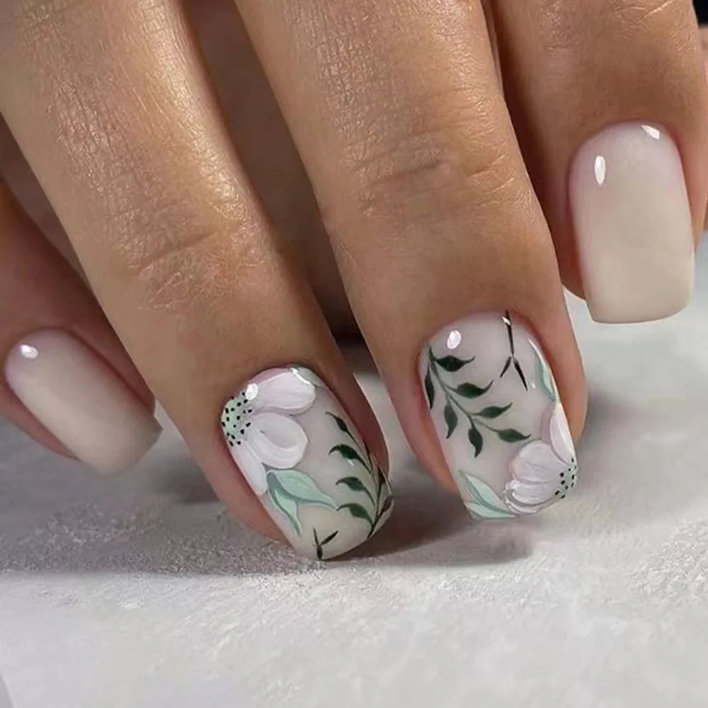 Short Square Press-On Nails - Purple Floral & Gradient French, 24 Pieces
