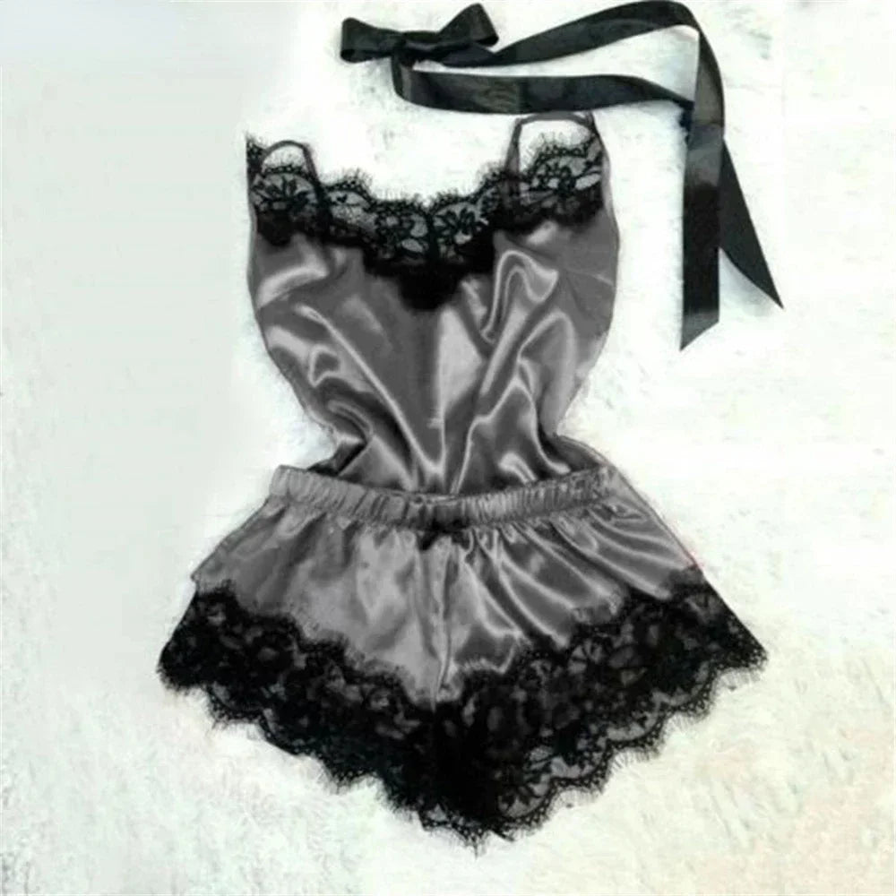 Lace Silk Cami Top & Shorts Pajama Set – V-Neck, Sleeveless, Summer Sleepwear | Women's Loungewear
