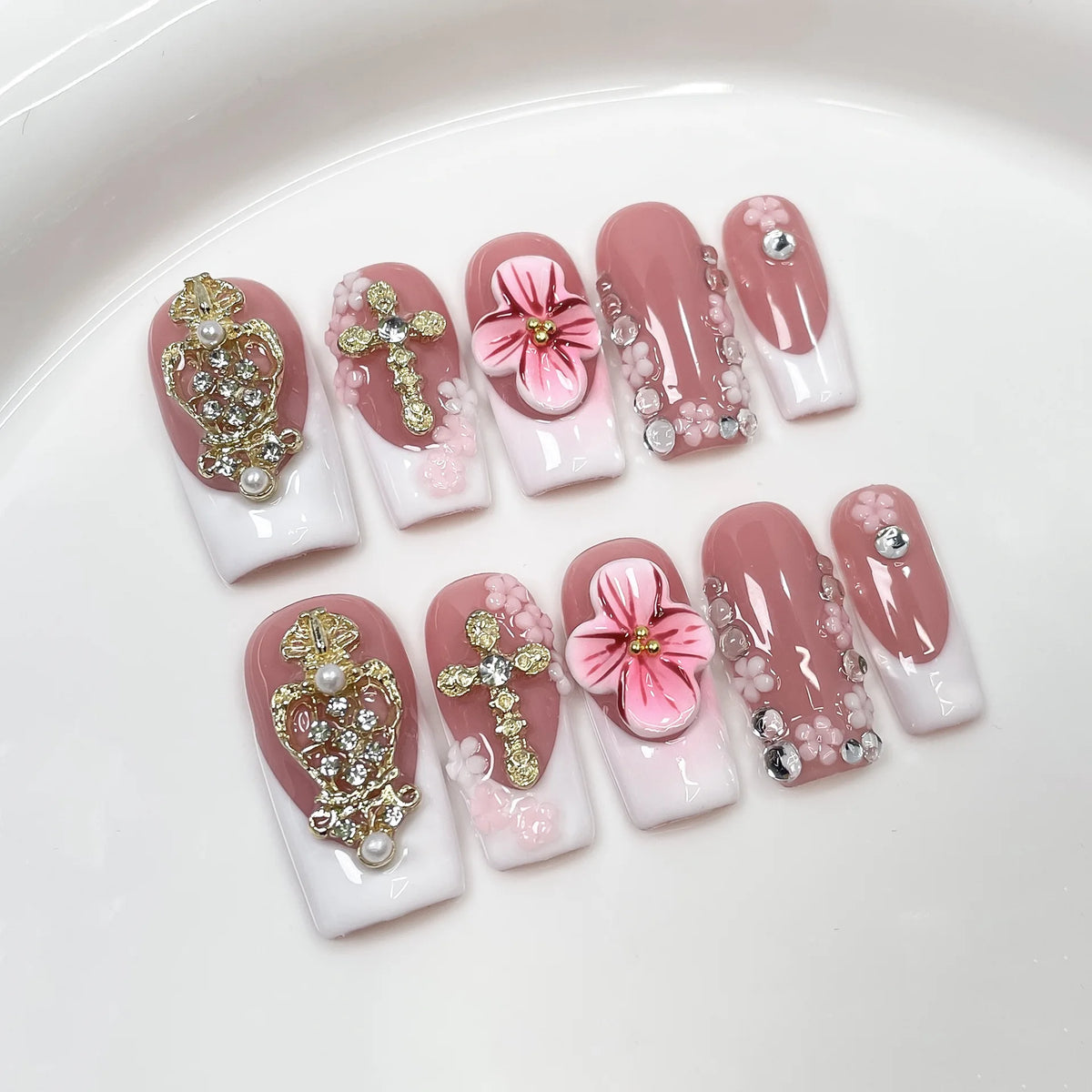 10Pcs 3D Green Flower Handmade Press on Nails French Fake Nails Wearable Stick-on Nails False Nail Uñas Накладные Ногти 네일팁