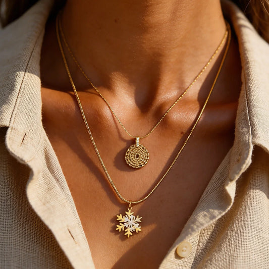 Irregular Round Pendant Necklace – 18K Gold-Plated Snowflake Stainless Steel Necklace for Women