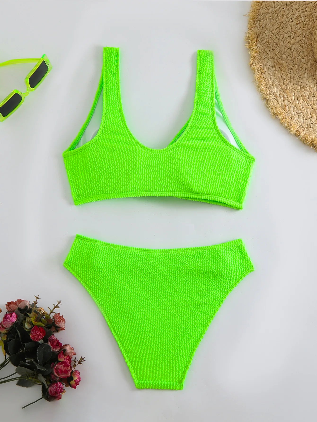 Solid Color High Waist Bikini Set — V-Neck Textured Top & Cheeky Bottoms | Women's Swimwear