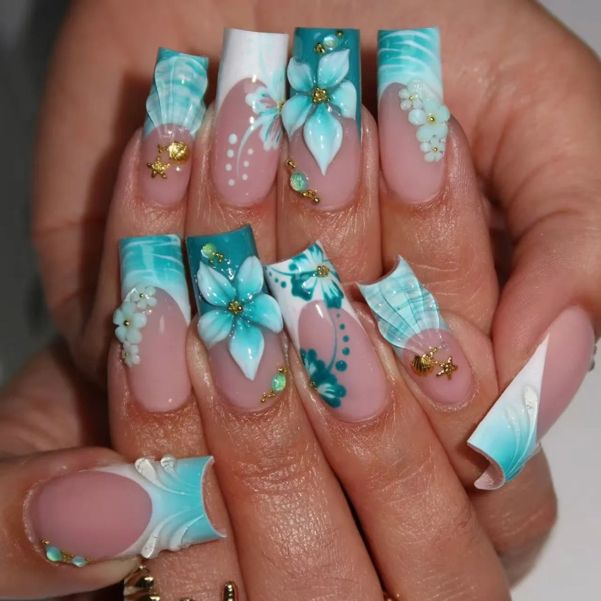 Medium Square Press-On Nails with Adhesive - Blush Pink Floral & French, 24 Pieces