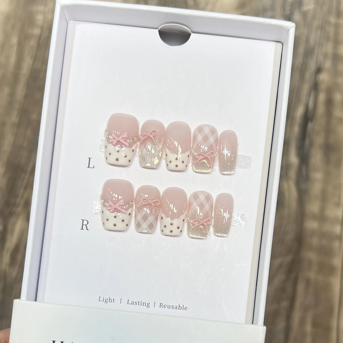 Pink Cat-Eye Press-On Nails – Medium Ballerina Bow Designs, 10 Pieces