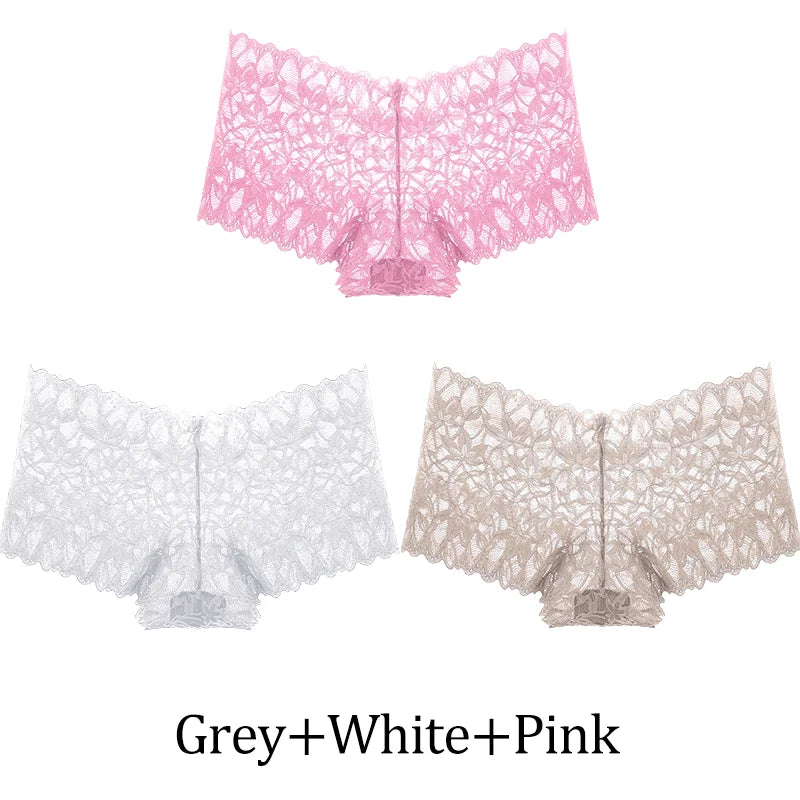3-Pack Lace Boyshort Panties – Low-Rise Floral Underwear for Women (S–XL, 14 Color Sets)