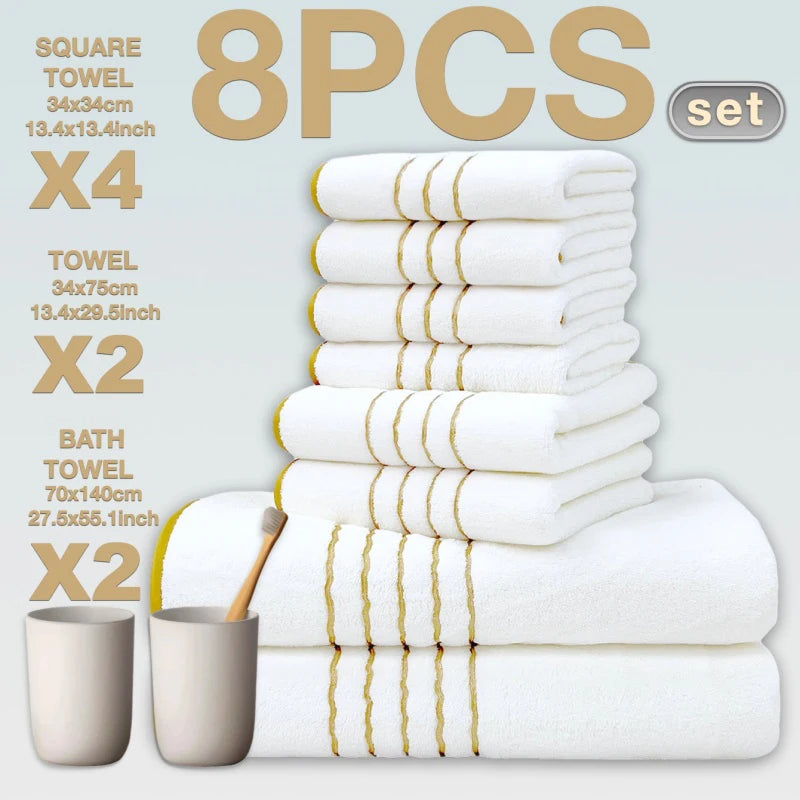 Golden Striped Coral Fleece Bath Towel Set – Ultra-Soft, Quick-Dry, Machine Washable (2, 3, 6 or 8 Pcs)