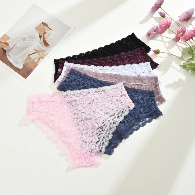 Hollow Lace Low-Rise Bikini Panty – Breathable French-Style Underwear for Women (S–XL, 6 Colors)
