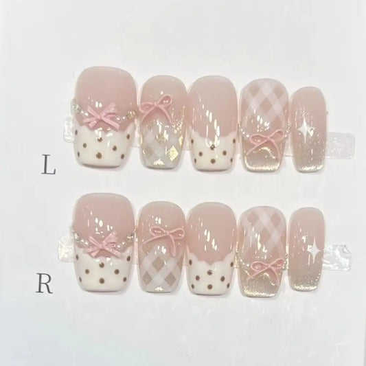 Pink Cat-Eye Press-On Nails – Medium Ballerina Bow Designs, 10 Pieces