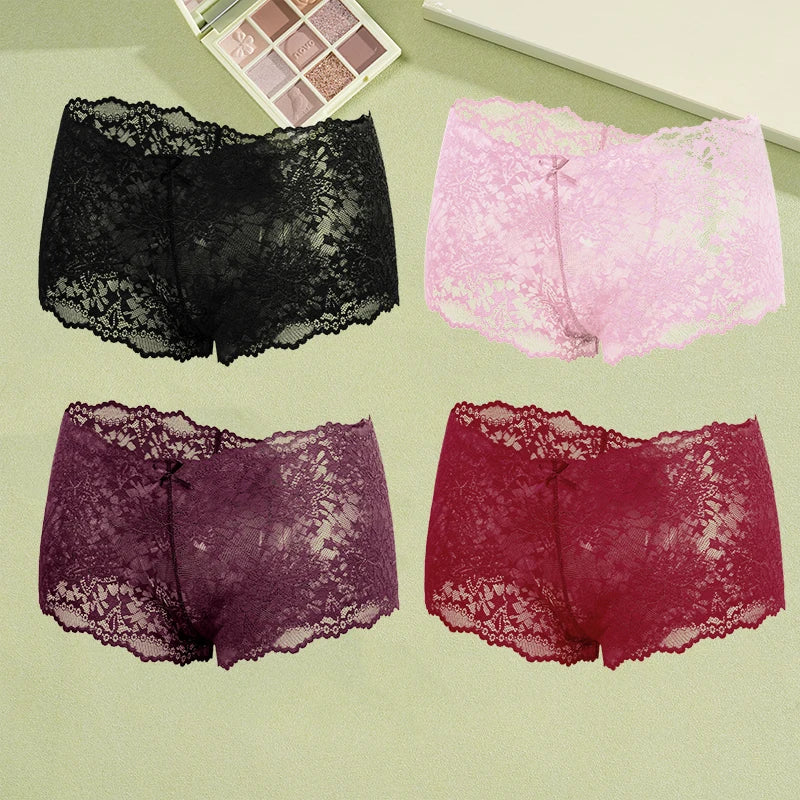 4-Pack Hollow Lace Boyshort Panties – Low-Rise Breathable Underwear for Women (S–2XL, 13 Color Sets)