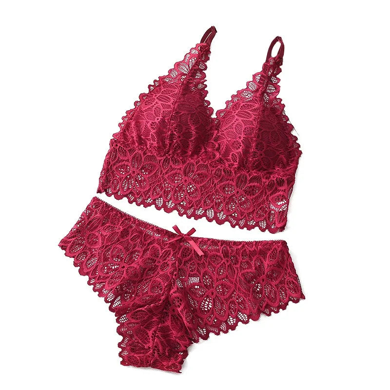 Floral Embroidery Lace Bra & Panty Set — Wire-Free Padded Bralette | Women's Lingerie