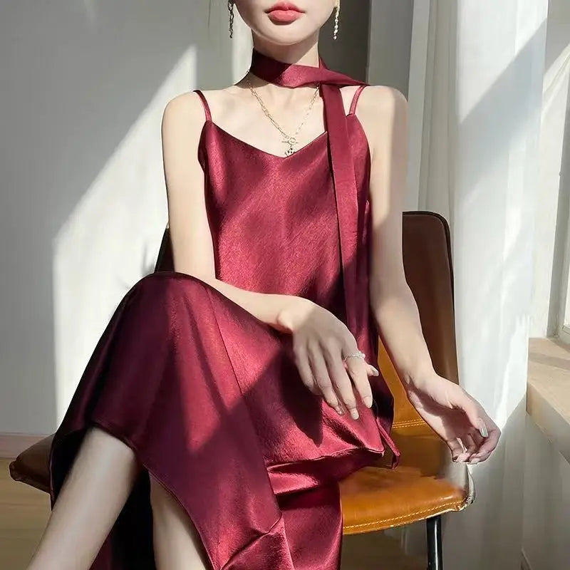 French Elegant Satin Camis Dress Women Summer Loose with Ribbon Midi Dress Female Fashion Aesthetic Party Evening Slip Dress