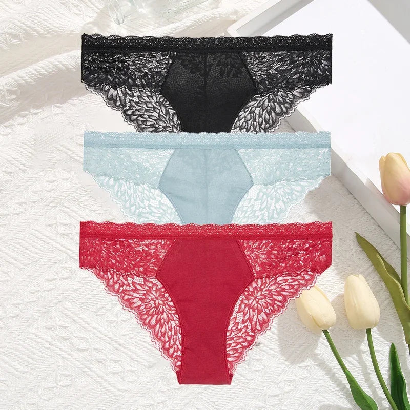 3-Pack Seamless Lace Hollow-Out Brief Panties – Soft Breathable Low-Rise Underwear for Women (S–XL, 20 Color Sets)