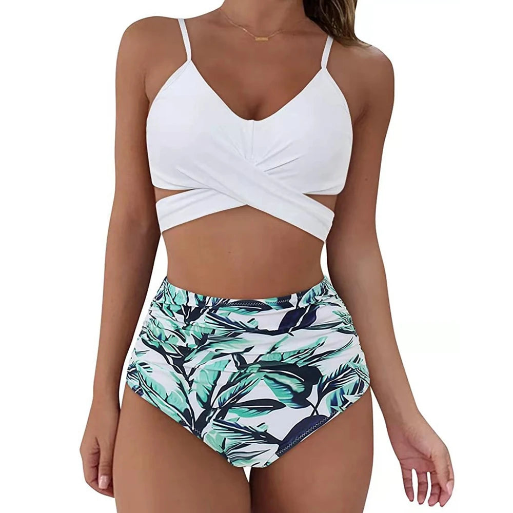 High Waist Bikini Set — Cross Front Top & Ruched Bottoms | Women's Swimwear