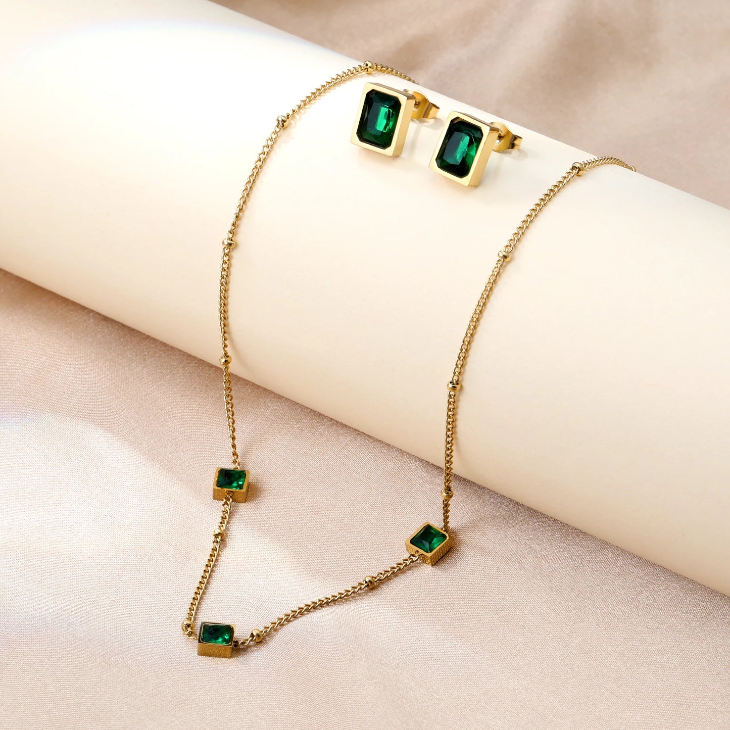 Green Zirconia Jewelry Set – Luxury CZ Crystal Necklace & Earrings for Women