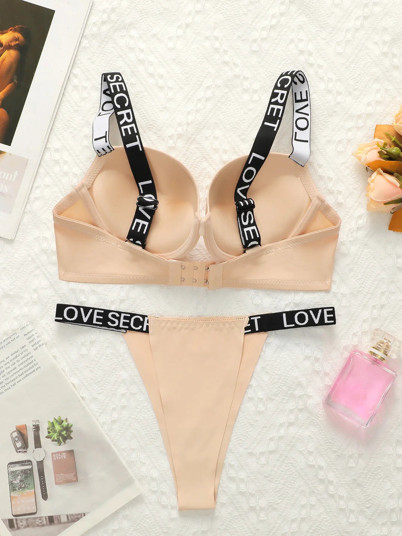 Letter Strap Push-Up Bra & Thong Set — Underwire Half Cup | Women's Sexy Lingerie