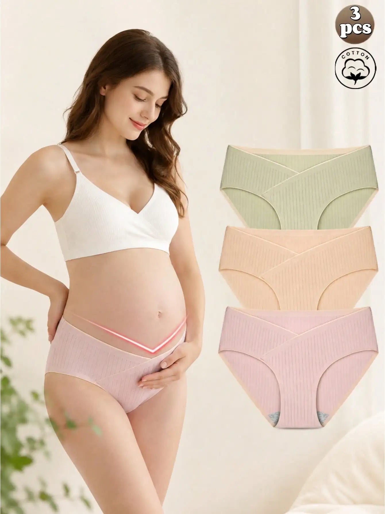 3Pcs Ribbed Cotton Maternity Underwear Low Rise V Waist  Soft Pregnancy Briefs , Ideal Summer Daily Wear Maternity Panties