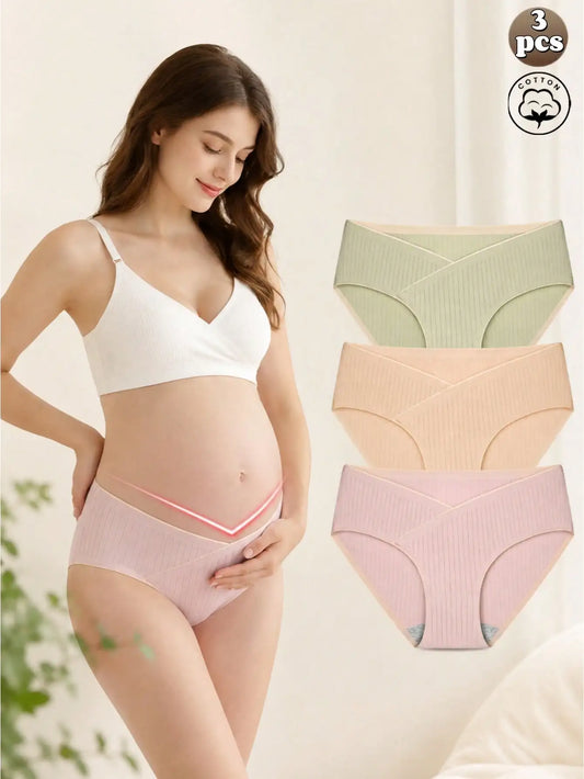 Ribbed Cotton Maternity Briefs – Low-Rise V-Waist Pregnancy Panties, 3-Pack