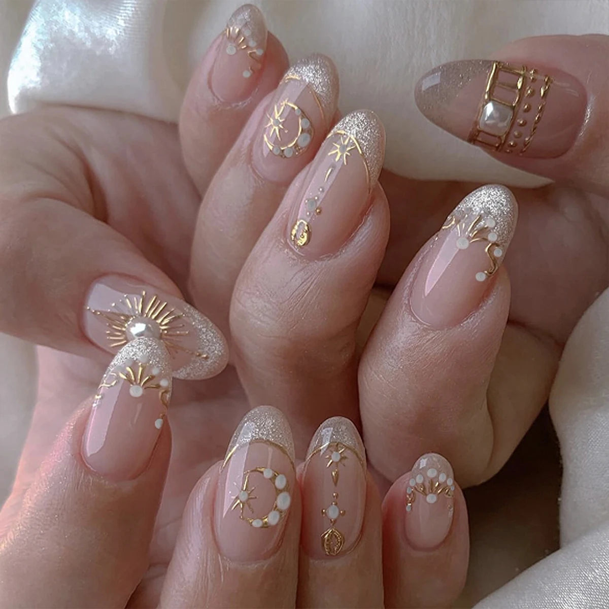 Handmade Almond Press-On Nails - Butterfly, French & Pearl Designs, 24 Pieces