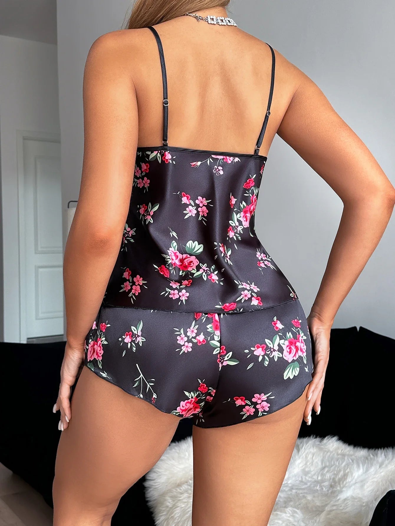 Floral Satin Pajama Set — Lace V-Neck Cami Top & Shorts | Women's 2-Piece Sleepwear