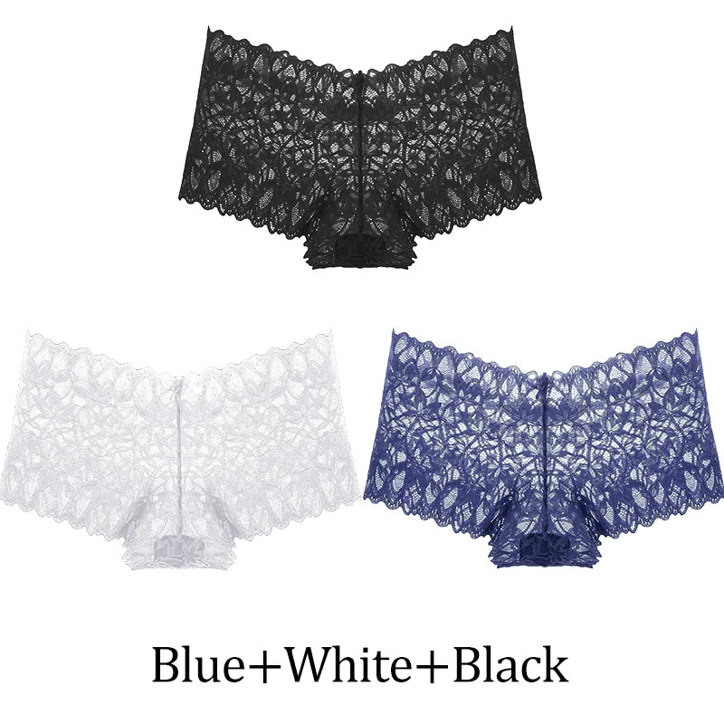 3-Pack Lace Boyshort Panties – Low-Rise Floral Underwear for Women (S–XL, 14 Color Sets)