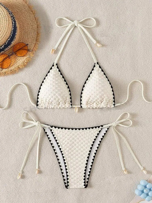 Shell Trim Contrast Bikini Set — Halter Triangle & Tie-Side Thong | Women's Swimwear