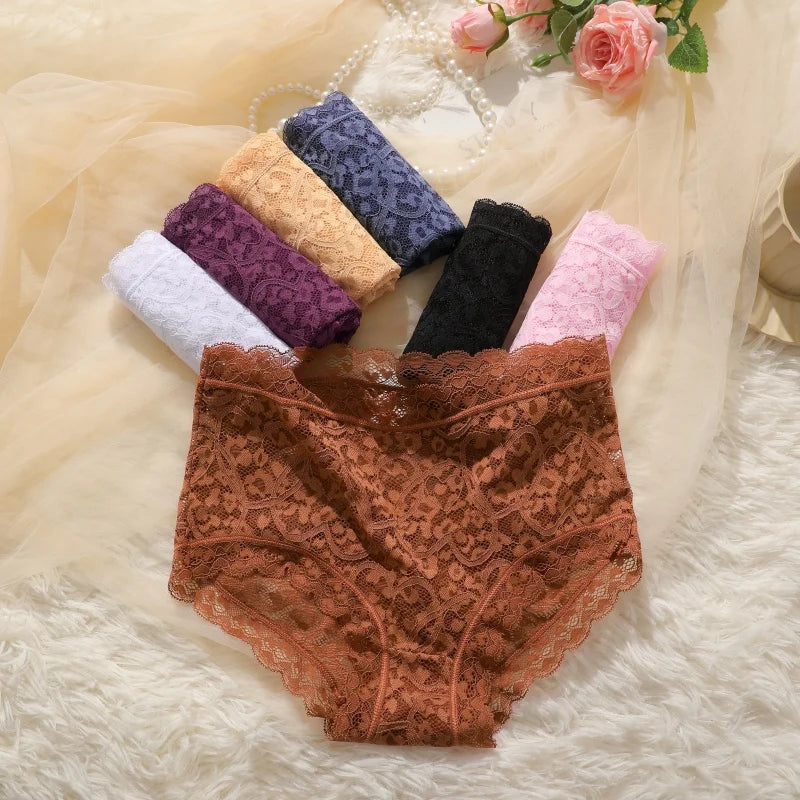 4-Pack High-Waist Lace Panties – Soft Breathable Hollow Briefs for Women (S–3XL, 9 Color Sets)