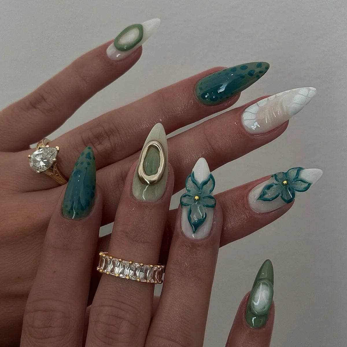 Almond Press-On Nails - 3D Floral, Butterfly & French Tip, 24 Pieces