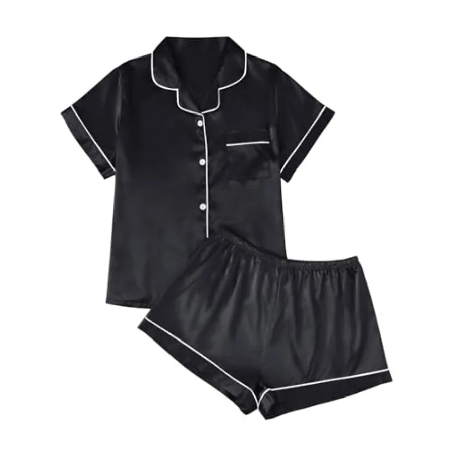 Silk Satin Pajama Set — Button-Down Shirt & Shorts | Women's Sleepwear