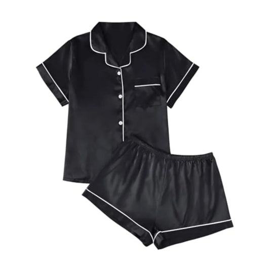 Silk Satin Pajama Set — Button-Down Shirt & Shorts | Women's Sleepwear