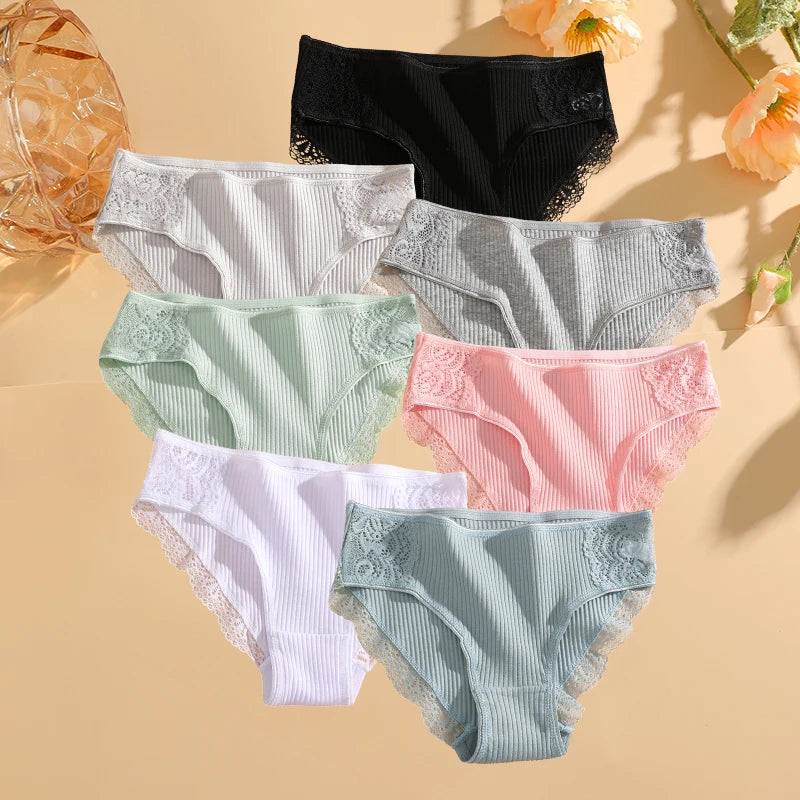 FINETOO 7PCS Cotton Underwear Women's Panties Set Comfort Underpants Floral Lace Briefs For Woman Sexy Low-Rise Pantys Intimates