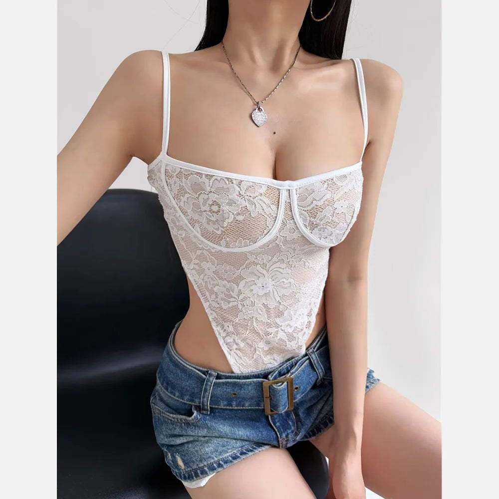 See-Through Lace Bodysuit — High-Cut Thong Spaghetti Strap | Women's Lingerie