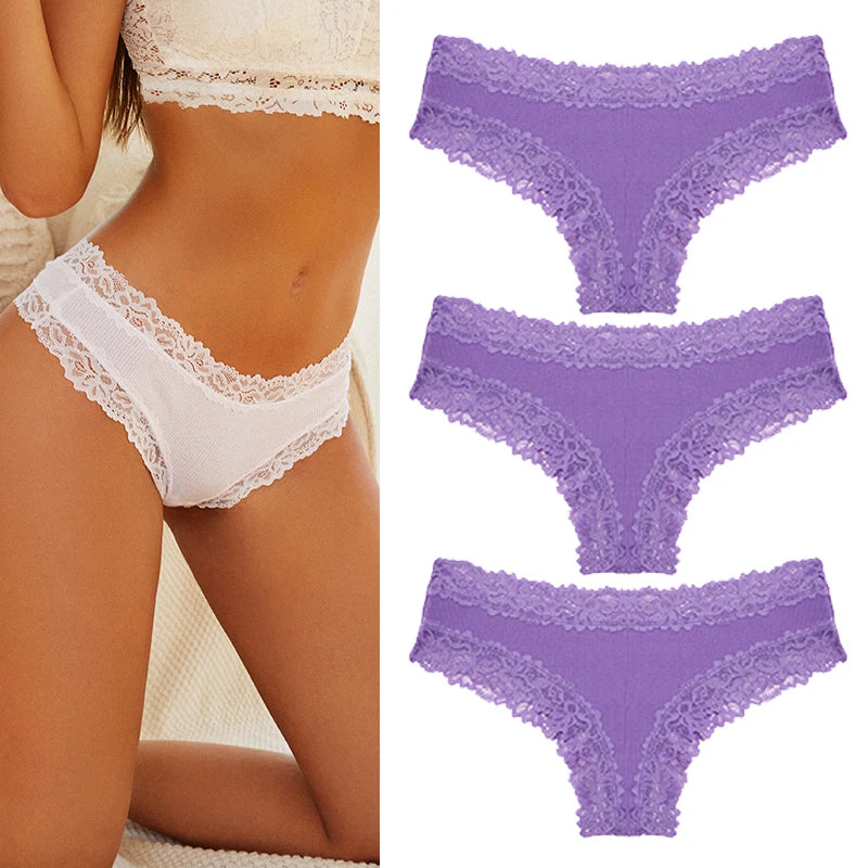 Women's Cotton Lace Briefs – 3-Piece Set | Soft Low-Rise Stretch Underwear (S–XL)