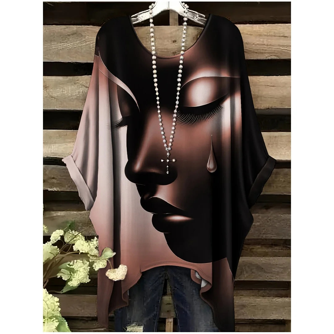 Women's Clothing Casual Elegant Comfortable Crew Neck Short Sleeve T-Shirt Tearful Dream Portrait Print Comfortable Pulovers