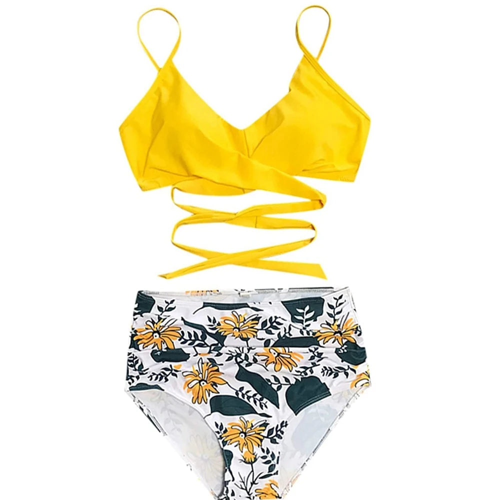 High Waist Bikini Set — Cross Front Top & Ruched Bottoms | Women's Swimwear