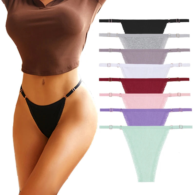 Women's Cotton Lace G-String Thongs – 4-Piece Set | Low Rise Adjustable Waistband Hipster Underwear (S–XL)